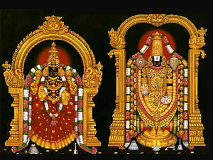 Venkateswara Swamy Temple Deity with Ornate Gold Arch and Flower Garlands HD wallpaper