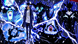 Solo Leveling Anime Character Surrounded by Blue Energy and Shadow Monsters HD wallpaper