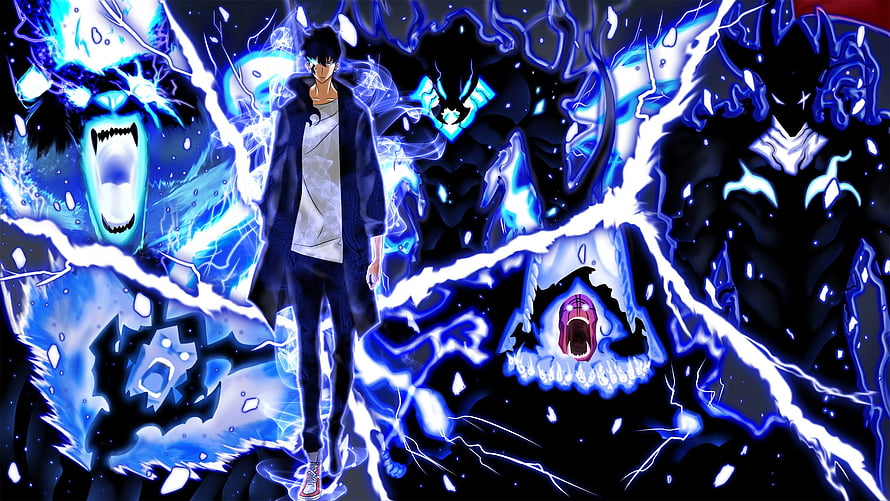 Solo Leveling Anime Character Surrounded by Blue Energy and Shadow Monsters HD wallpaper