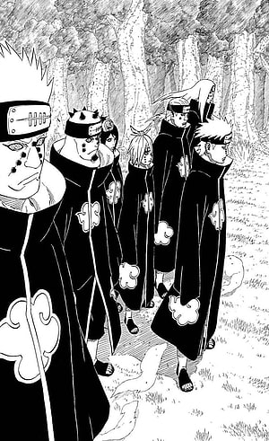 Naruto Akatsuki Members Walking Through Forest in Black Cloud Robes HD phone wallpaper