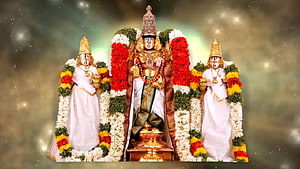 Lord Ayyappa with Sastha and Bhadrakali adorned in flowers and gold jewelry HD wallpaper