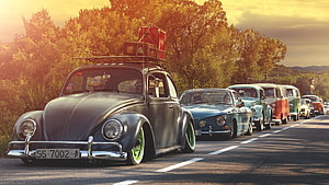 Classic Volkswagen Beetle convoy on a scenic road at golden hour with vintage cars and warm sunset light HD wallpaper