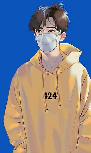 Anime Boy in Yellow Hoodie Wearing Face Mask on Blue Background HD phone wallpaper