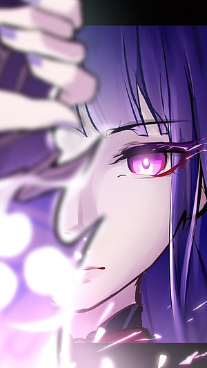 Anime Girl With Purple Hair And Glowing Pink Eyes Close Up Portrait HD phone wallpaper