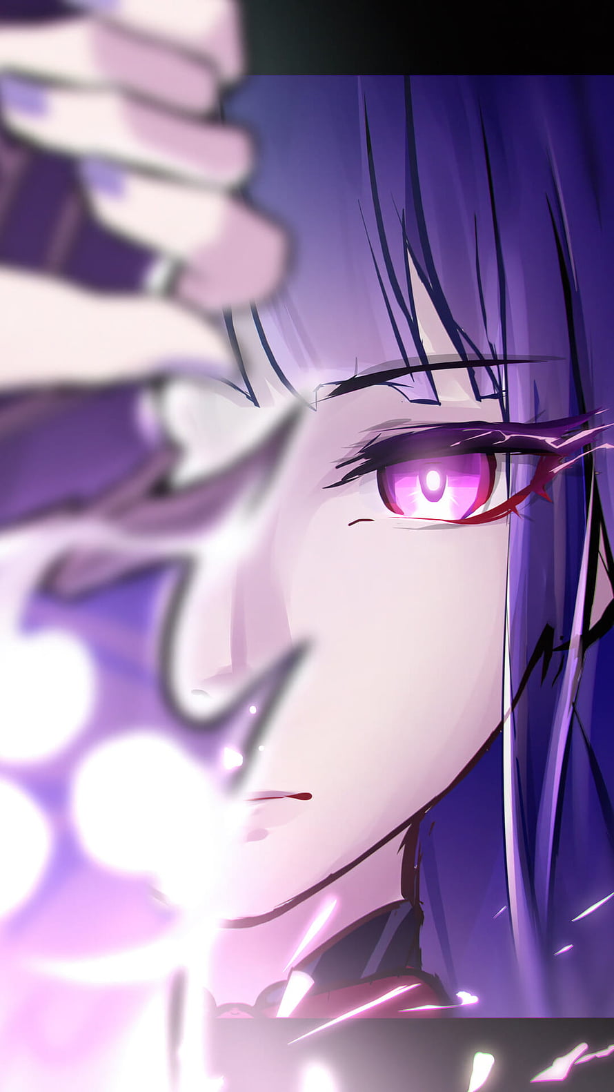 Anime Girl With Purple Hair And Glowing Pink Eyes Close Up Portrait HD phone wallpaper