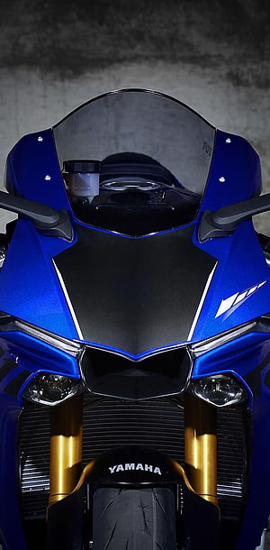 Yamaha R1 Front View with Blue Fairing and Gold Forks HD phone wallpaper