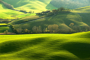Serene Rolling Green Hills with Winding Road and Rustic Farmhouse in Tuscany HD wallpaper