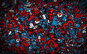Dense Doodle Pattern with Red and Blue Cartoon Characters and Numbers HD wallpaper
