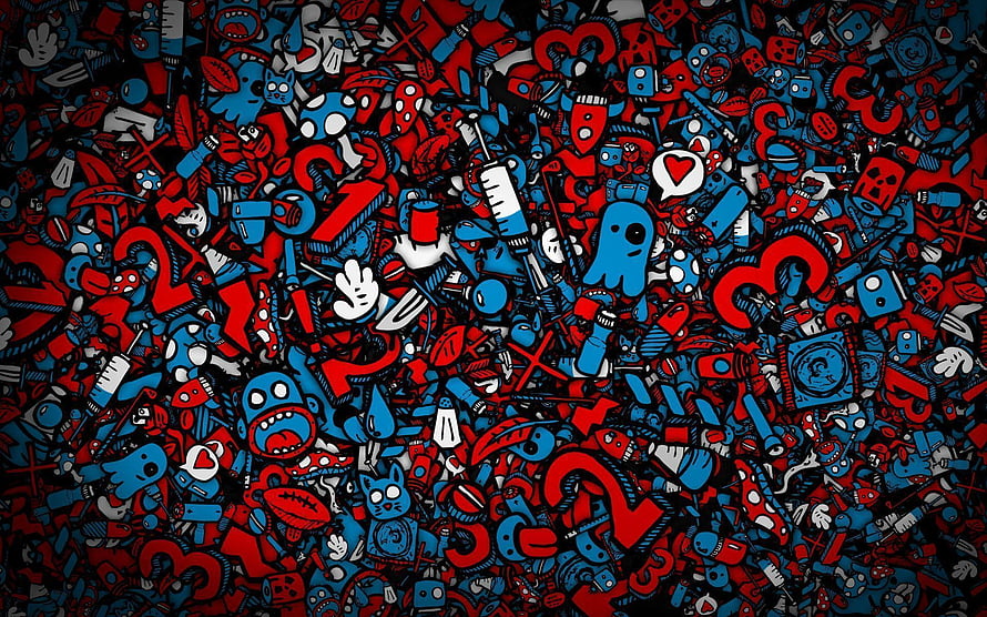 Dense Doodle Pattern with Red and Blue Cartoon Characters and Numbers HD wallpaper