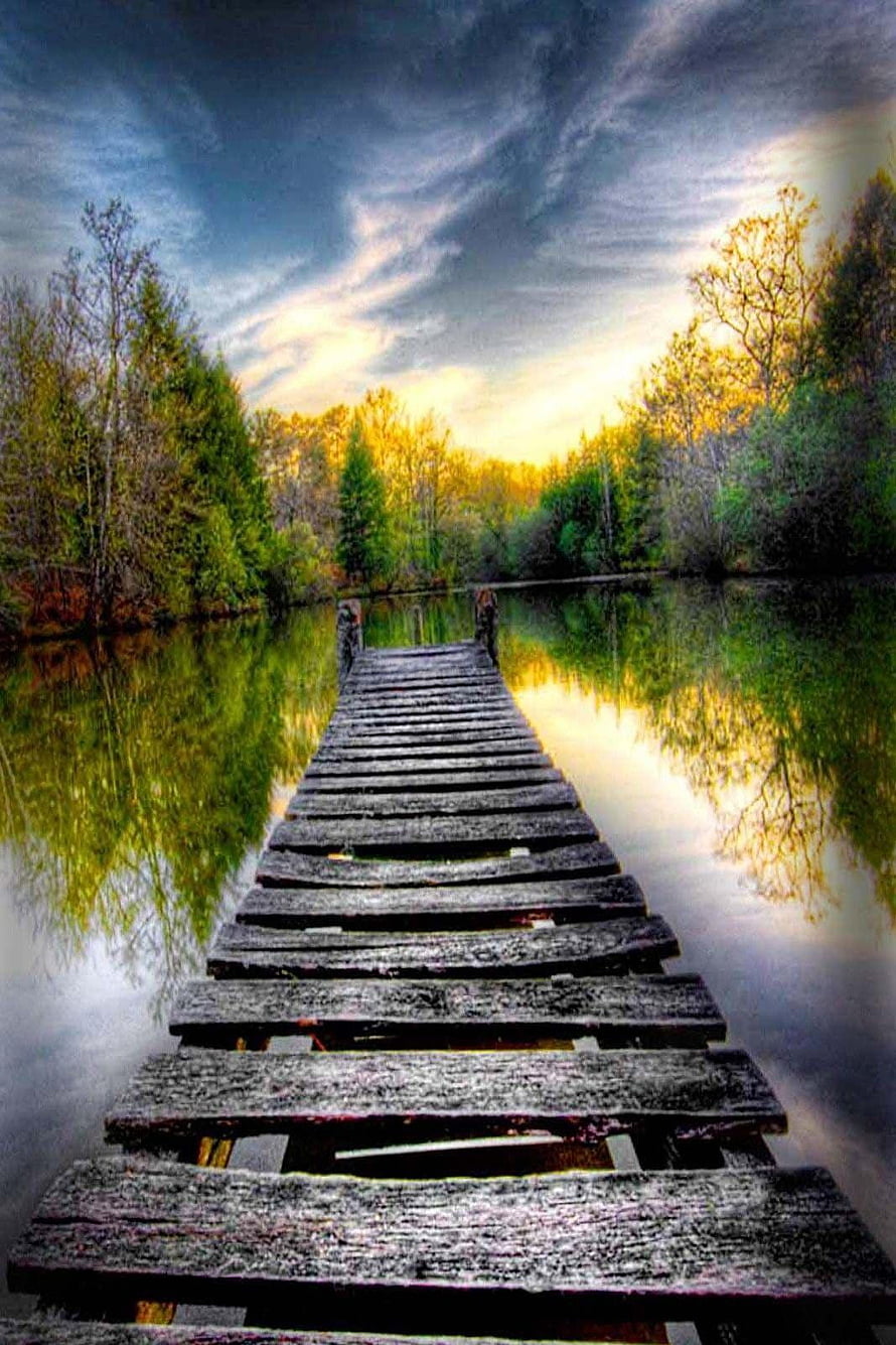 Serene Wooden Dock Extending Into Calm Lake With Golden Sunset Reflections HD phone wallpaper