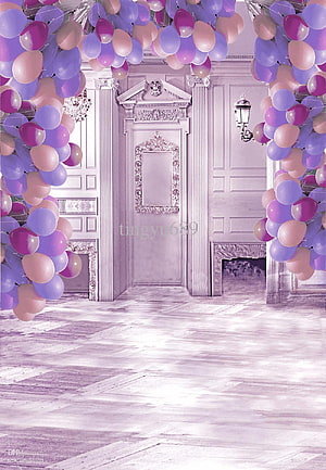 Elegant Purple and Pink Balloon Archway in a Grand Hall HD phone wallpaper