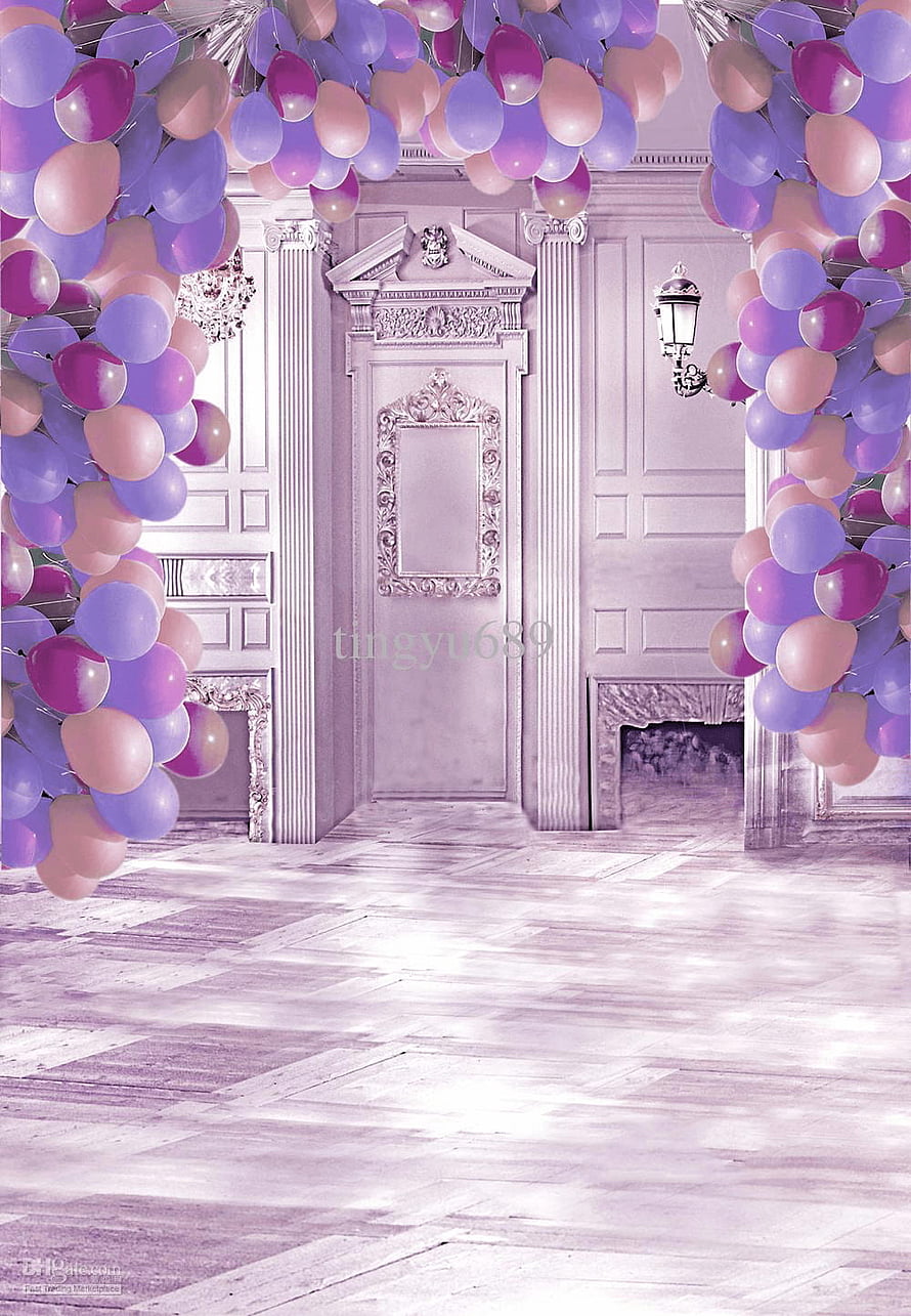 Elegant Purple and Pink Balloon Archway in a Grand Hall HD phone wallpaper