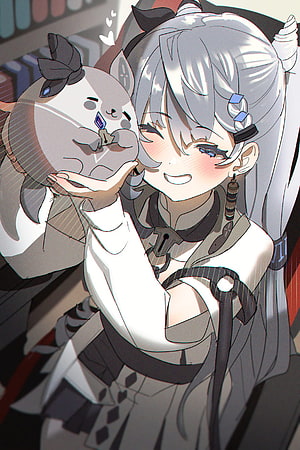 Vestia Zeta Anime Character Holding a Cute Round Creature in a Cozy Library Setting HD phone wallpaper