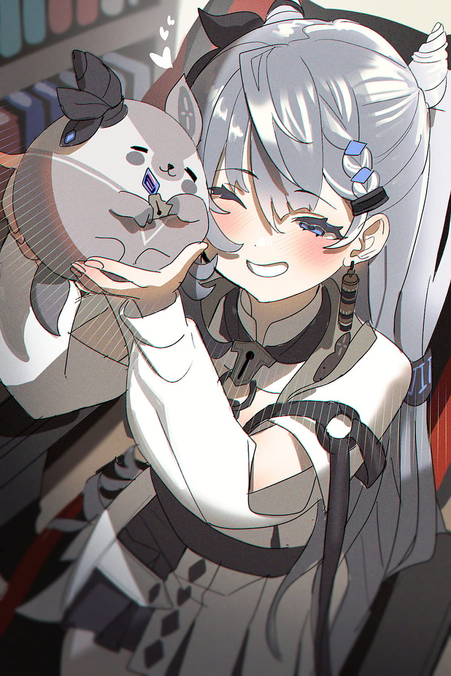 Vestia Zeta Anime Character Holding a Cute Round Creature in a Cozy Library Setting HD phone wallpaper