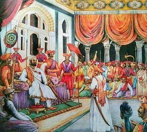 Traditional Indian Mughal Era Court Scene Painting With King And Nobles HD wallpaper