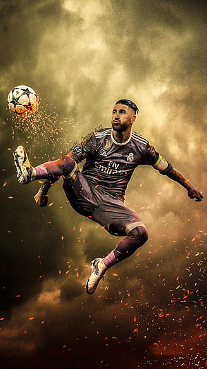 Sergio Ramos in Real Madrid Kit Executing Aerial Kick with Dramatic Sparks HD phone wallpaper