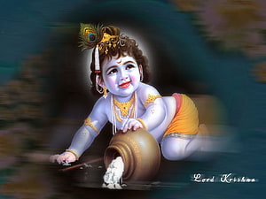Baby Krishna Stealing Butter from a Pot in a Traditional Indian Painting HD wallpaper