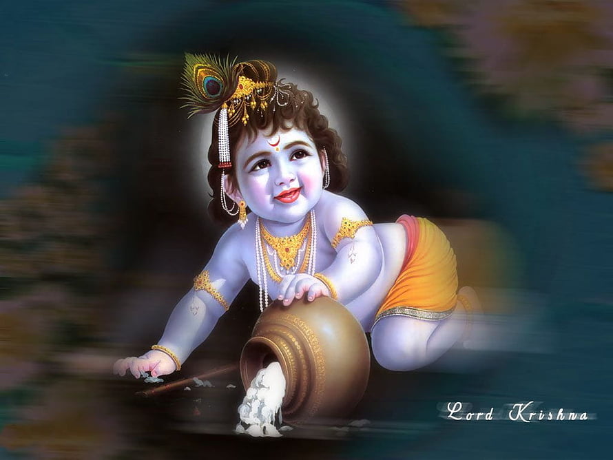 Baby Krishna Stealing Butter from a Pot in a Traditional Indian Painting HD wallpaper