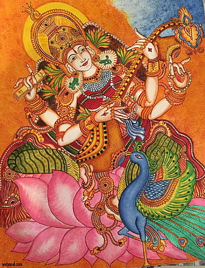 Traditional Kerala Mural Painting of Goddess Saraswati Playing Veena on a Lotus HD phone wallpaper