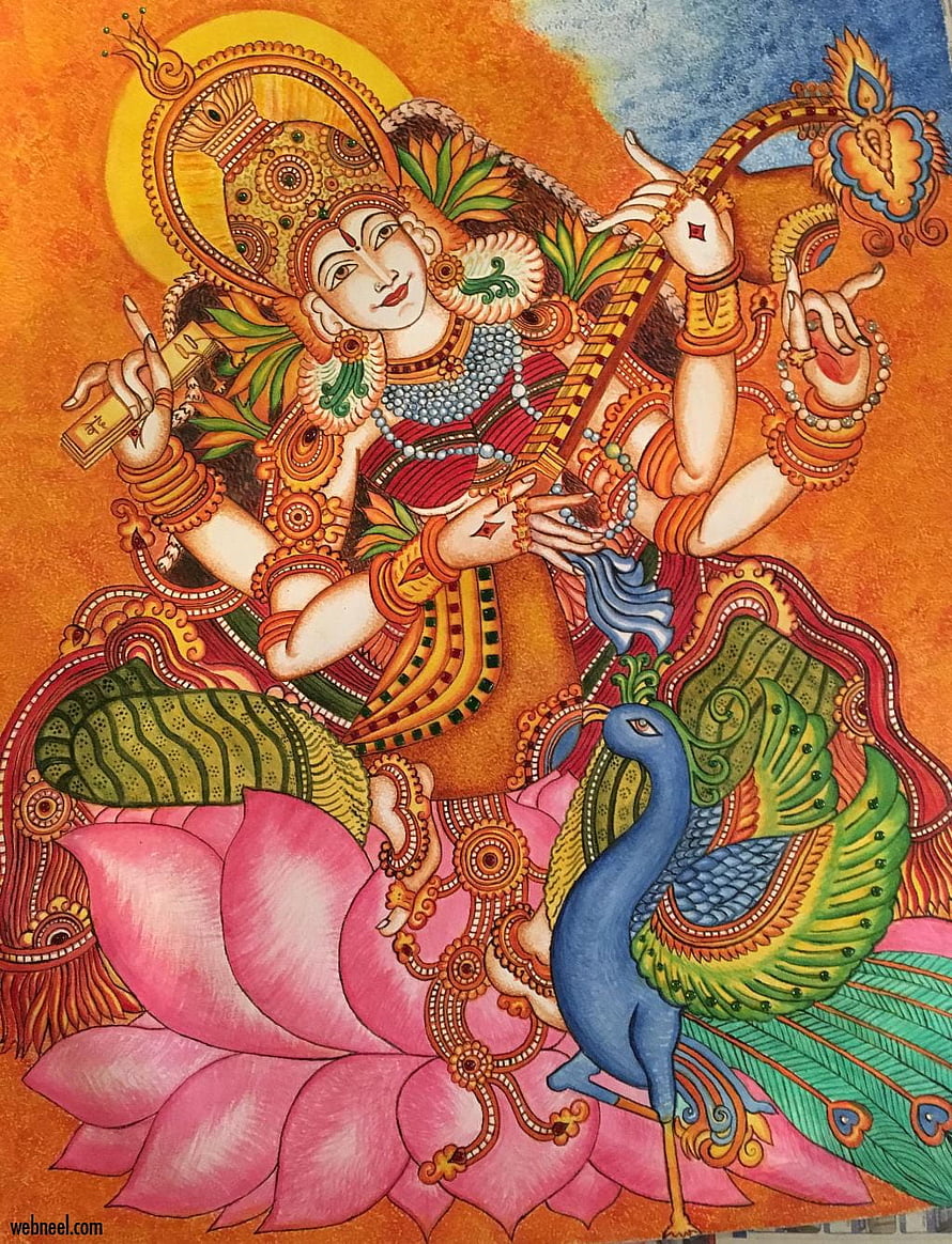 Traditional Kerala Mural Painting of Goddess Saraswati Playing Veena on a Lotus HD phone wallpaper