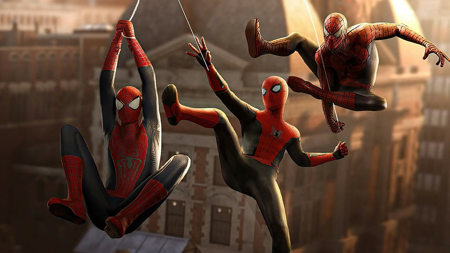 Three Spider-Man Suit Variants Swinging Through a City Skyline, spider man for laptop, #Spider HD wallpaper