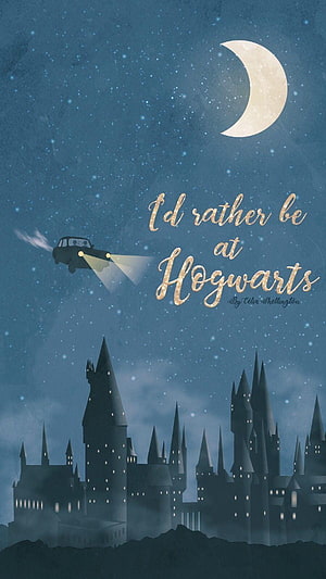 Hogwarts Castle at Night with Flying Car and Moon HD phone wallpaper