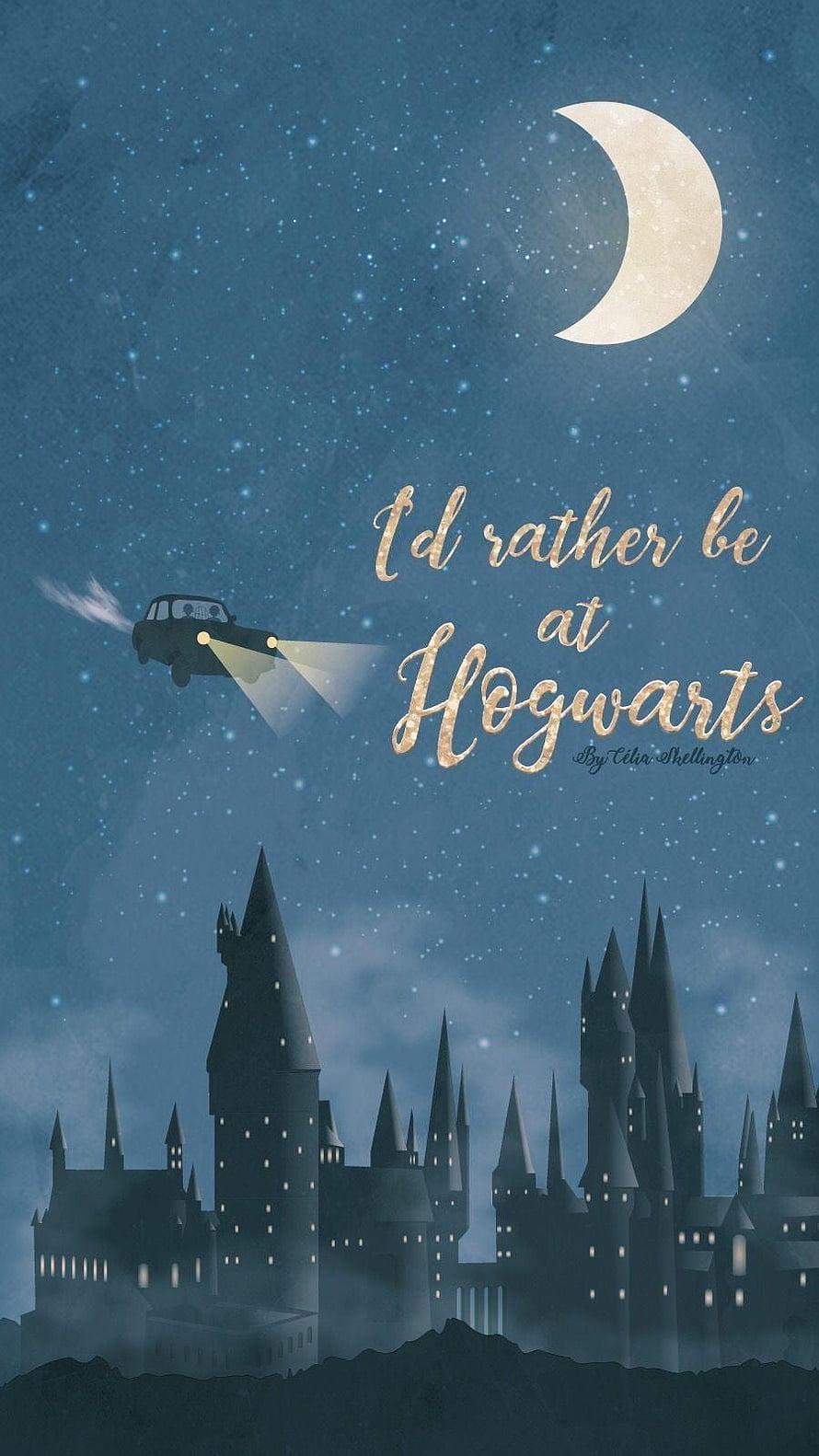 Hogwarts Castle at Night with Flying Car and Moon HD phone wallpaper