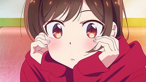 Chizuru Mizuhara from Rent a Girlfriend in a red hoodie with a surprised expression HD wallpaper
