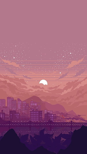 Pixel Art Cityscape at Sunset with Retro Aesthetic and Purple Sky HD phone wallpaper