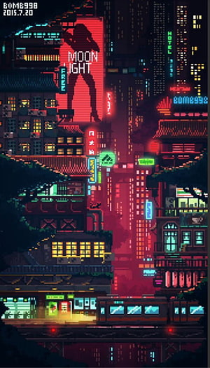 Pixel Art Cyberpunk Cityscape with Neon Signs and Train HD phone wallpaper