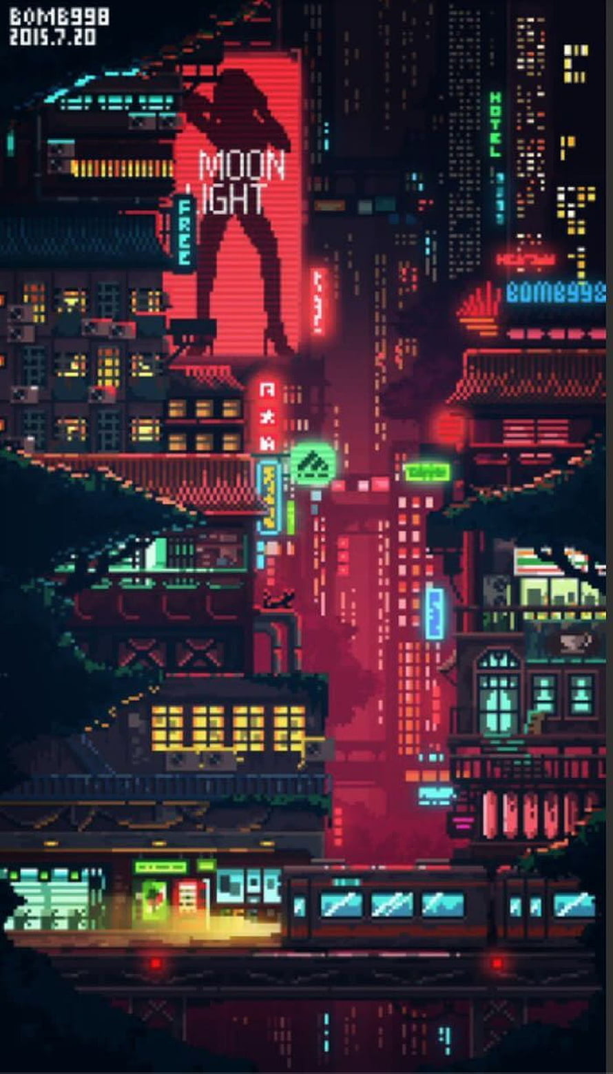 Pixel Art Cyberpunk Cityscape with Neon Signs and Train HD phone wallpaper