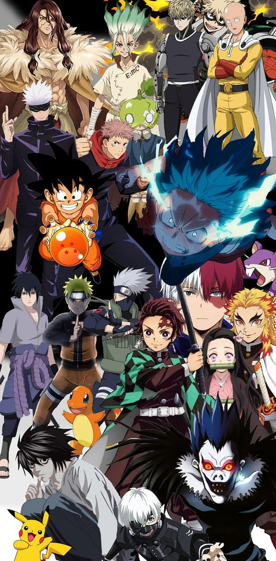 Anime Protagonist Collage Featuring Goku, Tanjiro, Saitama, and Gojo Satoru HD phone wallpaper