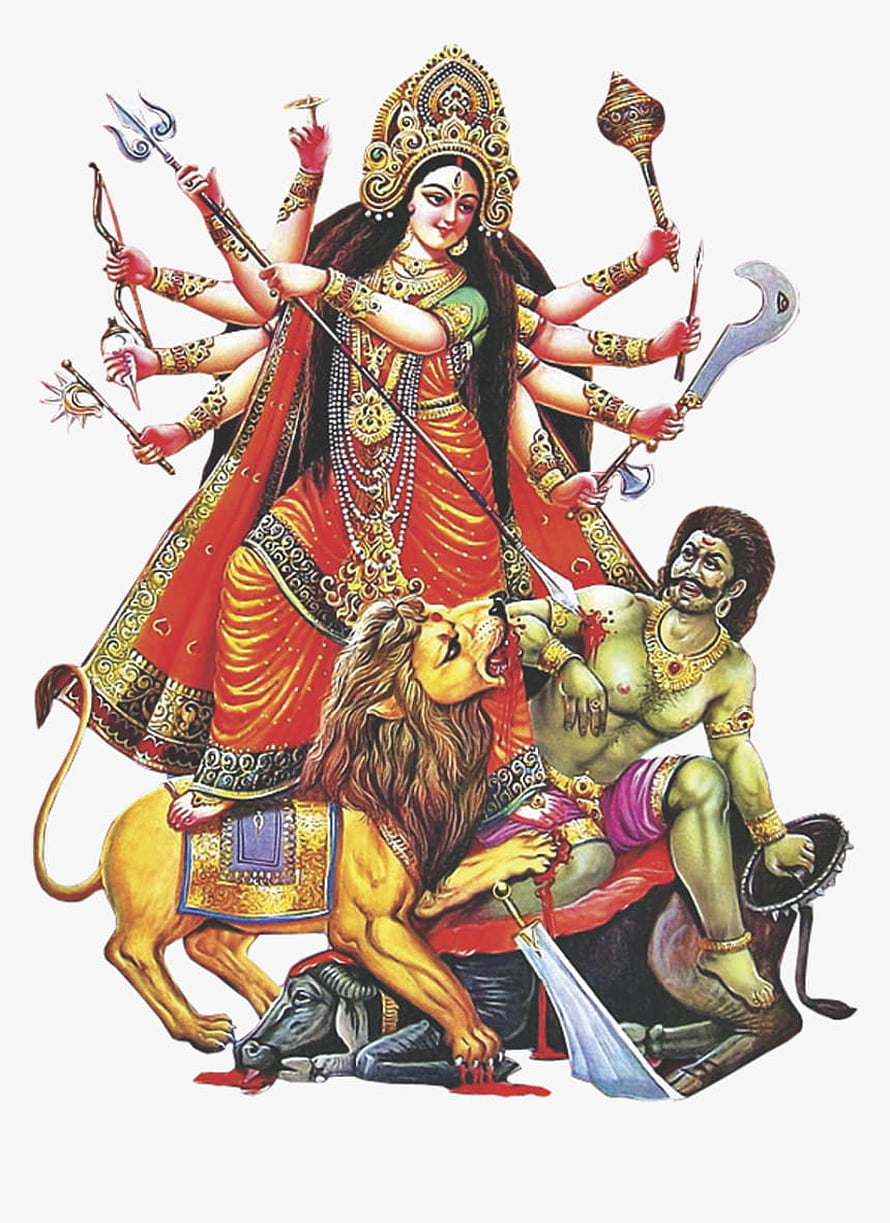 Goddess Durga Riding Lion and Slaying Demon Mahishasura Hindu Mythology Art HD phone wallpaper