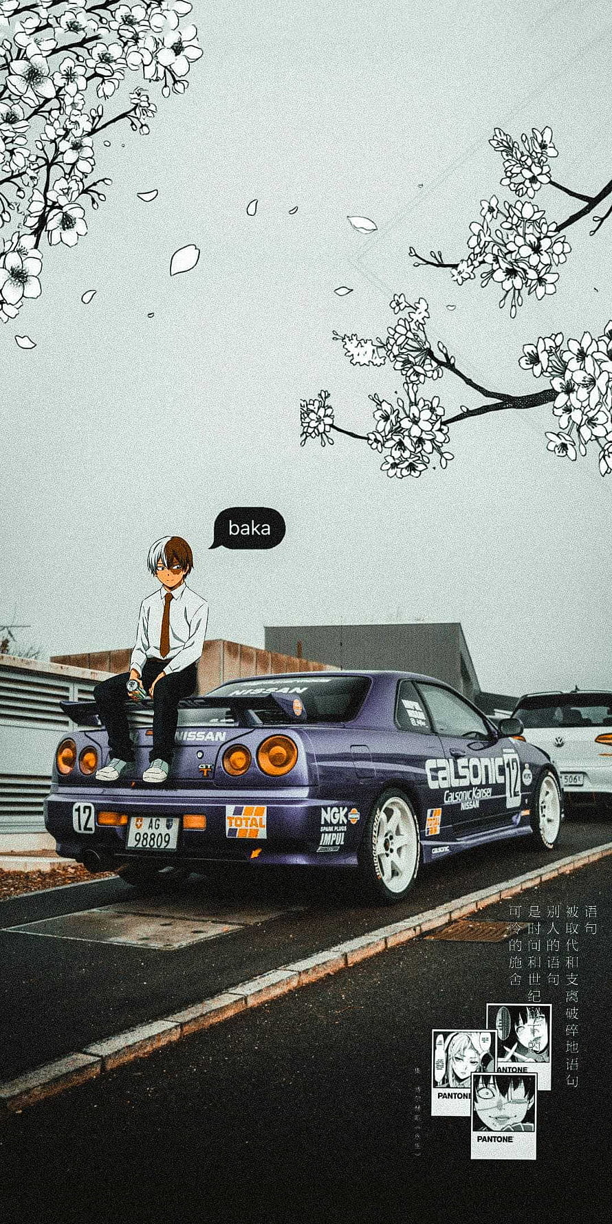 Anime Character Sitting on Purple Nissan Skyline R34 with Cherry Blossoms HD phone wallpaper