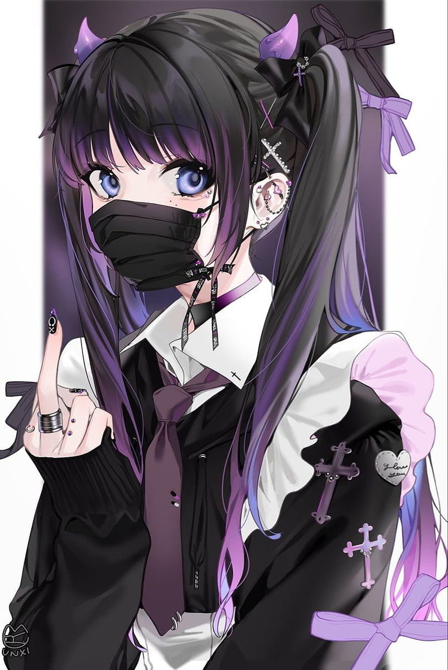 Anime Girl With Purple Hair And Black Mask In Gothic Outfit HD phone wallpaper