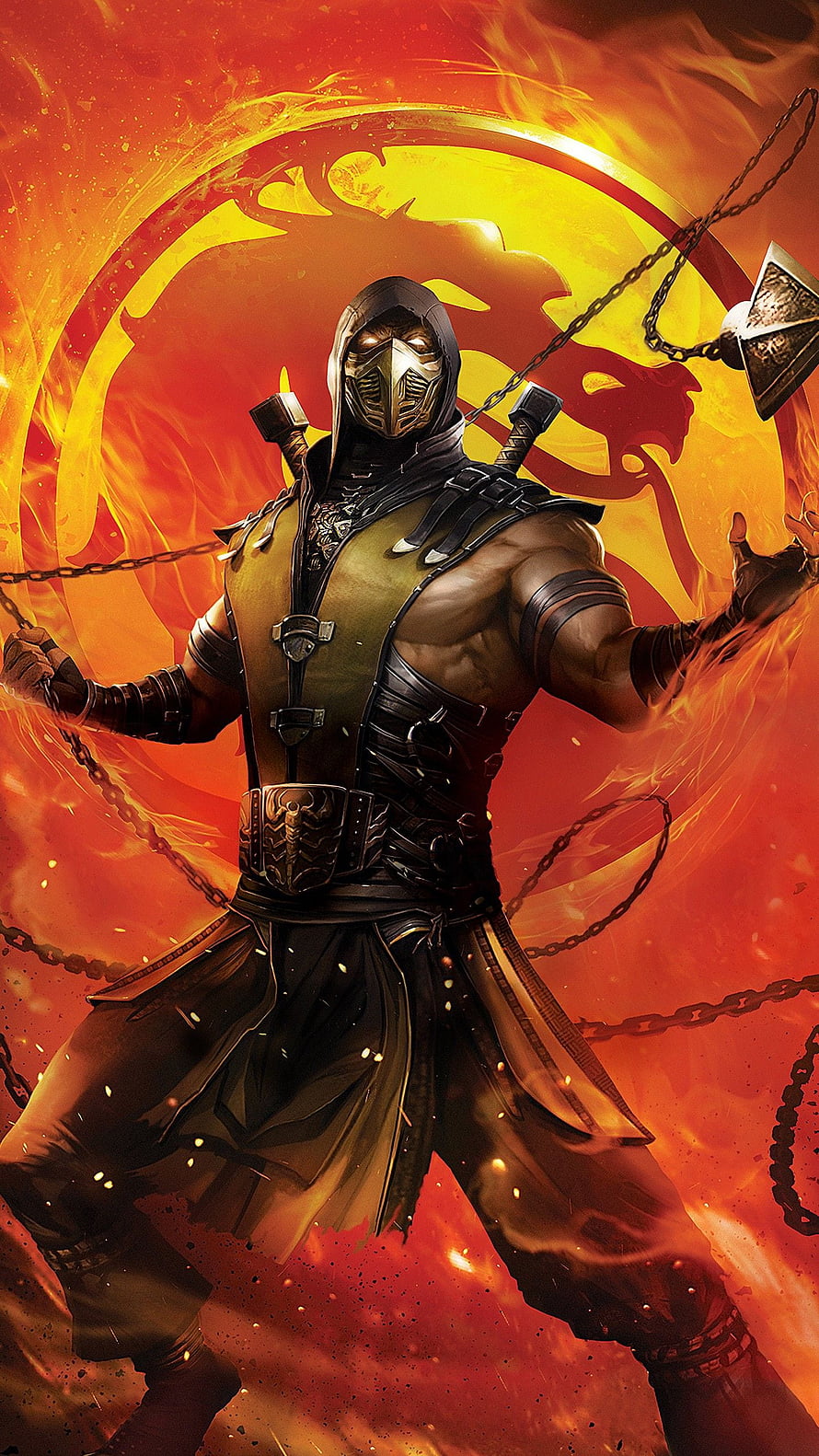 Scorpion from Mortal Kombat Legends Scorpion's Revenge in fiery action pose with chain weapons HD phone wallpaper