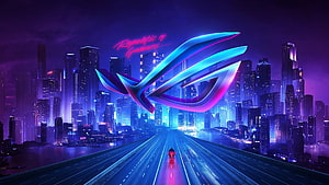 Republic of Gamers ROG Cyberpunk Cityscape with Neon Logo and Futuristic Highway HD wallpaper