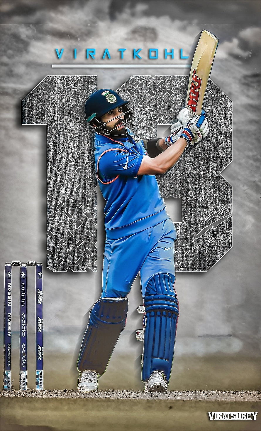 Virat Kohli in Blue India Kit Mid-Swing with Mace Bat and Number 18 Graphic HD phone wallpaper