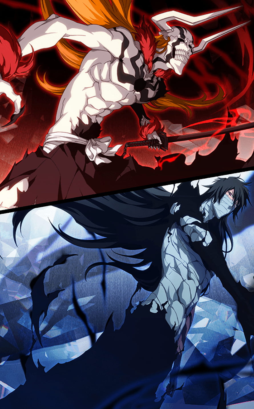 Bleach Anime Split Artwork Featuring Ichigo Kurosaki and Black Hair Character HD phone wallpaper