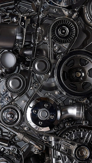 Close-Up of Polished Engine Components and Serpentine Belt System HD phone wallpaper