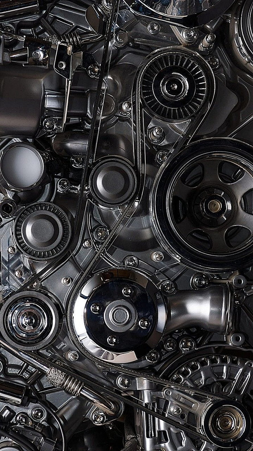 Close-Up of Polished Engine Components and Serpentine Belt System HD phone wallpaper