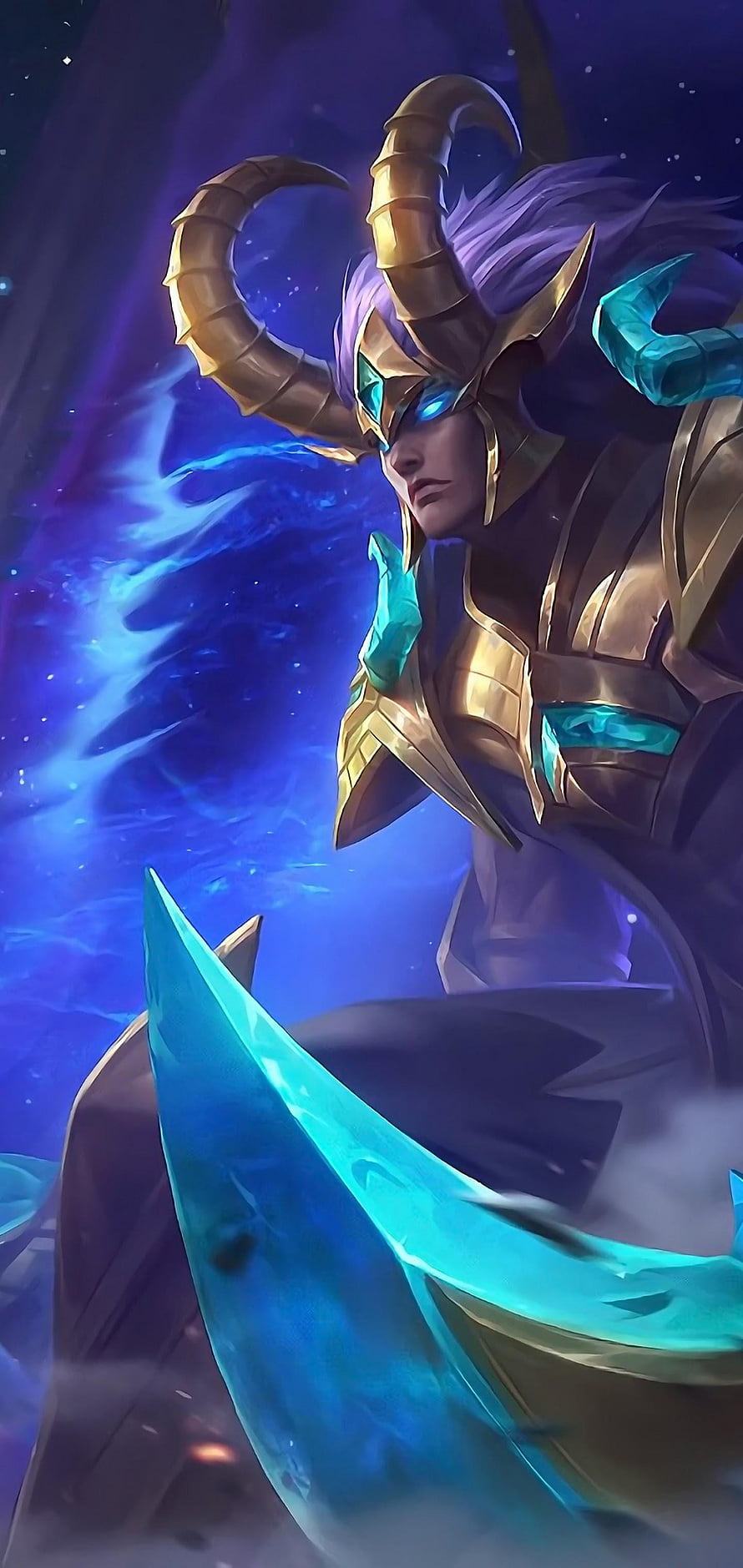 Martis Capricorn Skin from Mobile Legends in Golden Armor with Blue Energy HD phone wallpaper