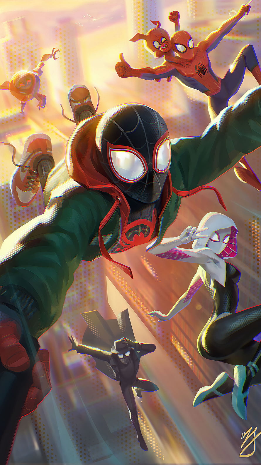 Spider-Man: Into the Spider-Verse Team Dynamic Artwork Featuring Miles Morales and Gwen Stacy HD phone wallpaper