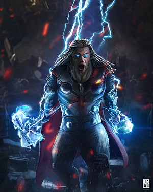 Thor Wielding Stormbreaker Amid Blue Lightning and Embers in Cinematic Digital Art HD phone wallpaper