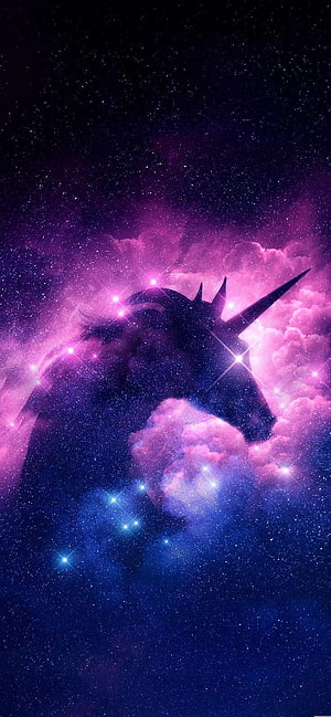 Silhouette of a Unicorn Head Emerging from a Vibrant Purple and Blue Cosmic Nebula HD phone wallpaper