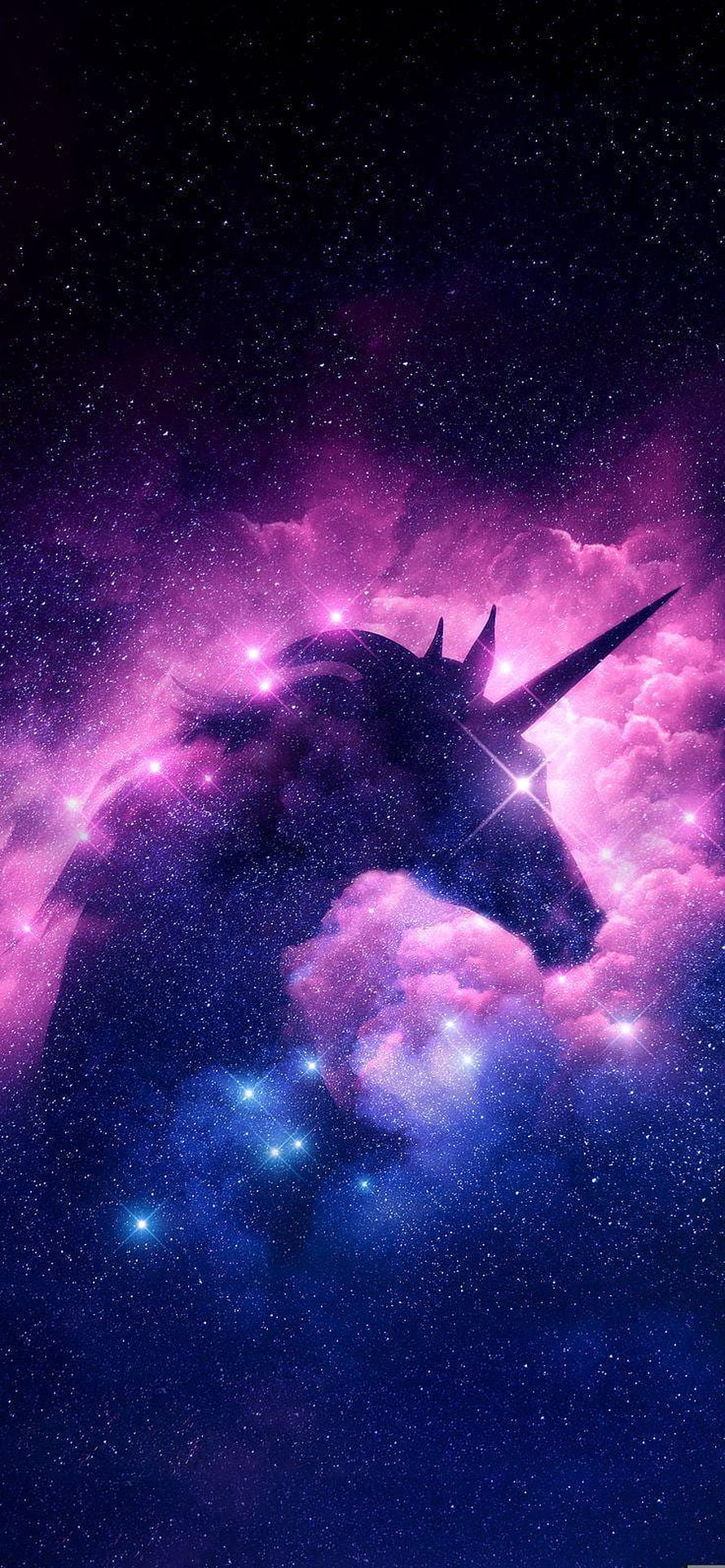 Silhouette of a Unicorn Head Emerging from a Vibrant Purple and Blue Cosmic Nebula HD phone wallpaper