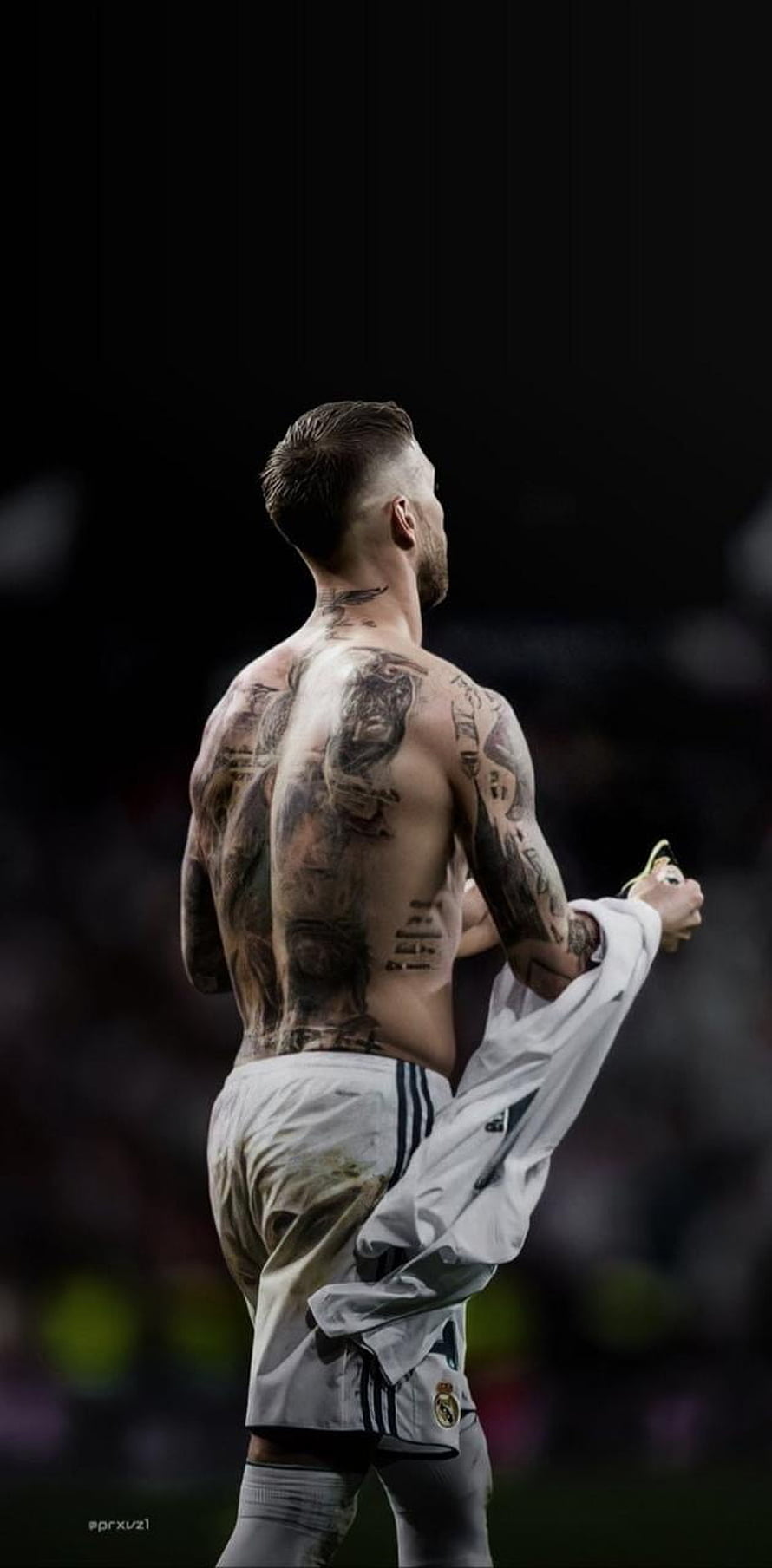 Sergio Ramos shirtless back view showing full body tattoos in Real Madrid kit HD phone wallpaper