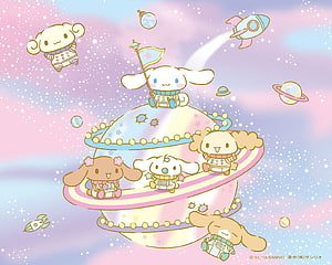 Cinnamoroll and Friends in a Pastel Space Adventure with Rockets and Planets HD wallpaper