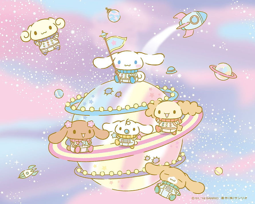 Cinnamoroll and Friends in a Pastel Space Adventure with Rockets and Planets HD wallpaper