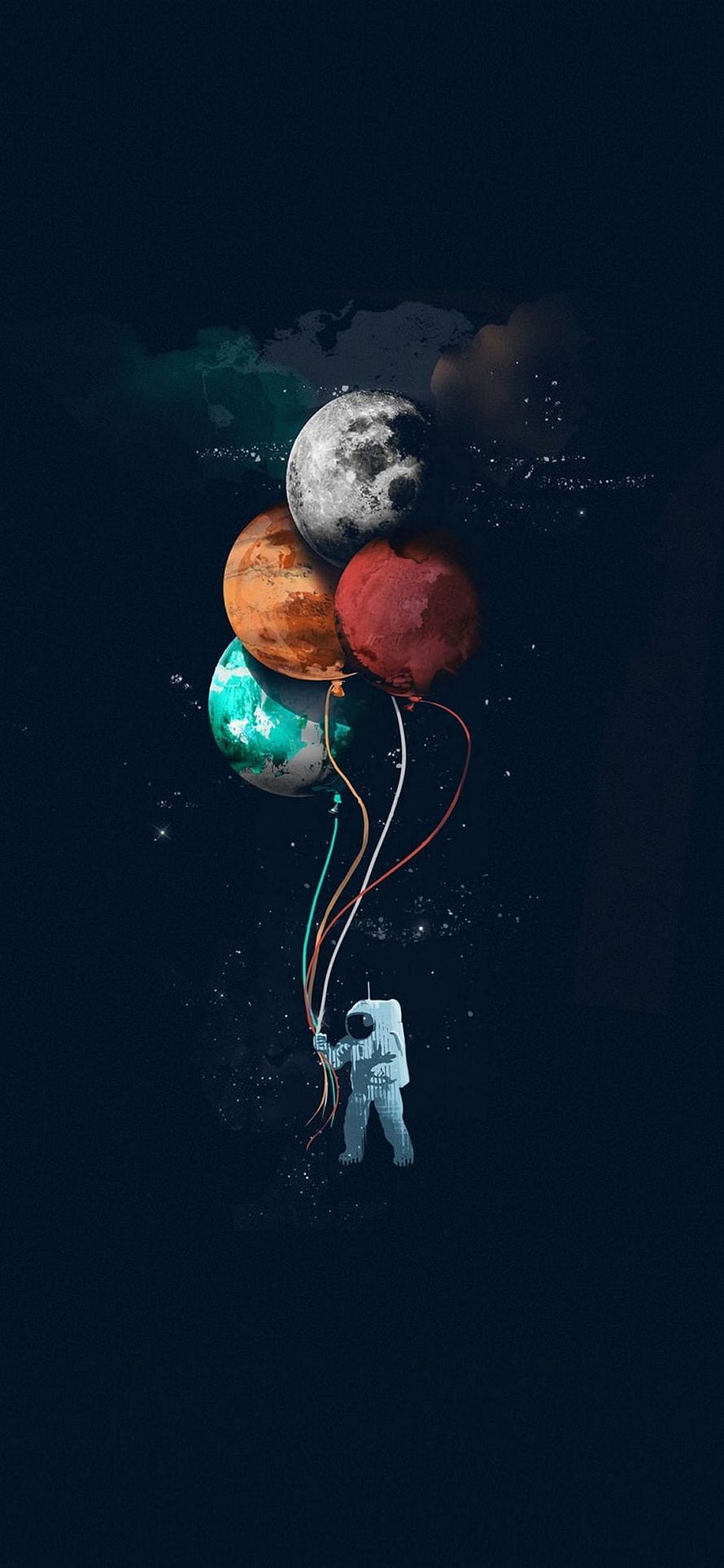 Astronaut Floating in Deep Space Holding a Bunch of Colorful Planet Balloons HD phone wallpaper